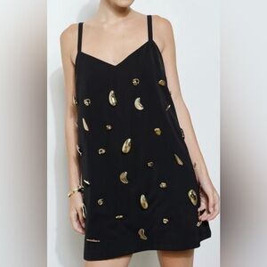 gold-embellished shift black dress